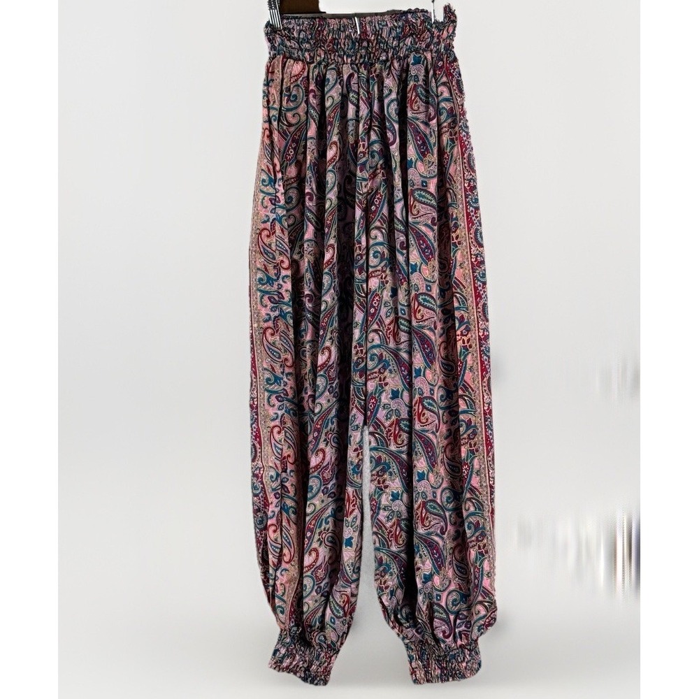 Rhea Boho Harem Pants Paisley Silk Blend Smocked Waist Genie Festival OS NWT